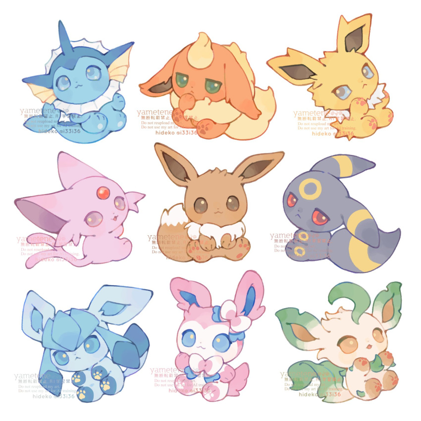 blue_eyes brown_eyes closed_mouth commentary_request eevee espeon flareon full_body glaceon green_eyes hideko_(l33l3b) highres jolteon leafeon no_humans pokemon pokemon_(creature) pokemon_focus red_eyes simple_background smile sylveon umbreon vaporeon violet_eyes white_background