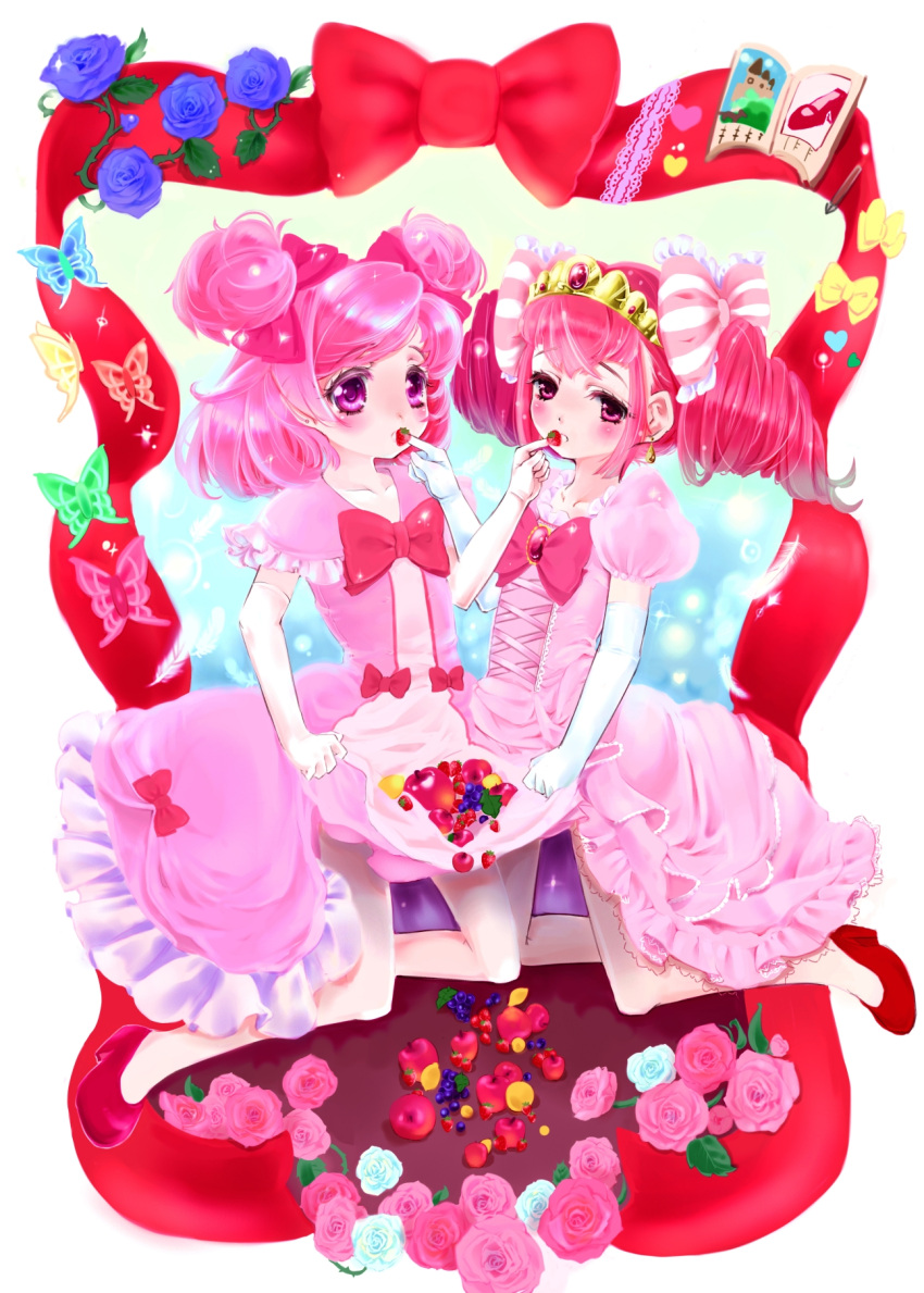 apple blue_rose bow butterfly color_connection creator_connection double_bun dress feathers feeding flower food fruit hair_bow highres hoshizora_miyuki multiple_girls pink pink_dress pink_eyes pink_hair pink_rose precure ribbon rose shibu short_hair smile_precure! strawberry tiara two_side_up white_rose yes!_precure_5 yumehara_nozomi