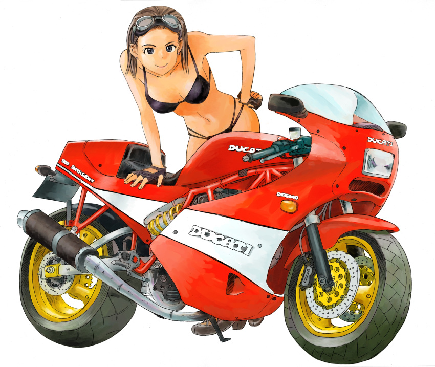 absurdres bare_shoulders bikini black_bikini breasts cleavage ducati earrings engine exhaust fingerless_gloves gloves goggles goggles_on_head hand_on_hip high_heels highres isomoto_tsuyoshi jewelry leaning_forward looking_at_viewer motor_vehicle motorcycle original shoes simple_background smile solo swimsuit vehicle white_background