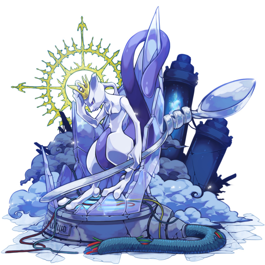 akezu broken_glass cable character_name crown glass hat highres king's_rock mewtwo no_humans oversized_object pokemon pokemon_(anime) pokemon_(creature) pokemon_(game) pokemon_rgby pokemon_special purple_eyes smoke solo spoon tail test_tube violet_eyes