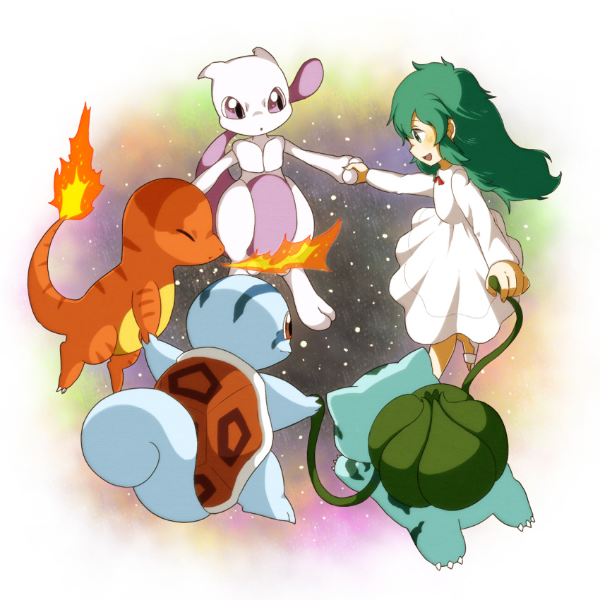 1girl :o ambertwo_(pokemon) blush breath_weapon breathing_fire brown_eyes bud bulbasaur bulbasaurtwo charmander charmandertwo closed_eyes closed_mouth commentary_request dress fire flame-tipped_tail go-mikihappy green_eyes green_hair highres holding_hands mewtwo open_mouth plant pokemon pokemon:_the_first_movie_-_mewtwo_strikes_back pokemon_(anime) pokemon_(classic_anime) pokemon_(creature) smile squirtle squirtletwo starter_pokemon_trio tail vines violet_eyes white_dress