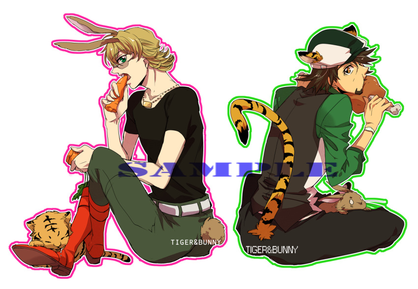 2boys animal_ears barnaby_brooks_jr blonde_hair boned_meat boots brown_eyes brown_hair bunny bunny_ears bunny_tail cabbie_hat carrot cub eating facial_hair food glasses green_eyes hat jewelry kaburagi_t_kotetsu kemonomimi_mode konami3521 meat multiple_boys necklace outline rabbit stubble t-shirt tail tiger tiger_&amp;_bunny tiger_ears tiger_tail vest waistcoat