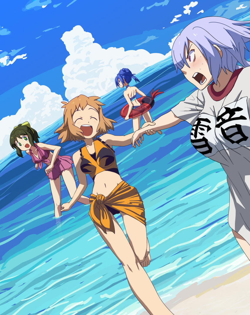 :d barefoot beach bikini blue_eyes blue_hair bow brown_hair cloud dutch_angle floatie front-tie_top green_eyes green_hair hair_bow highres innertube kazanari_tsubasa kohinata_miku leaning_forward mound_of_venus multiple_girls navel open_mouth purple_eyes purple_hair sarong senki_zesshou_symphogear sky smile swimsuit tachibana_hibiki_(symphogear) violet_eyes wading water wrist_grab yaporu_(halllcion) yukine_chris