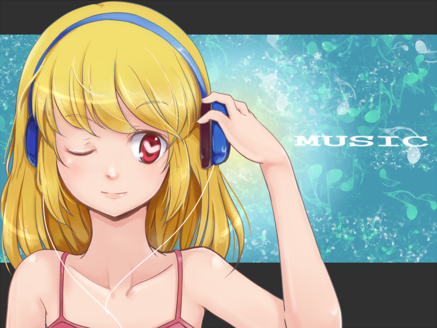 bare_shoulders blonde_hair bust drill_yashima english hand_on_ear headphones heart heart-shaped_pupils lips listening_to_music musical_note original raised_eyebrow red_eyes solo strap symbol-shaped_pupils text wink