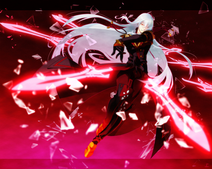 albino boots duke_pantarei gloves glowing kagio_(muinyakurumi) long_hair male red red_background red_eyes silver_hair solo sword tales_of_(series) tales_of_vesperia weapon