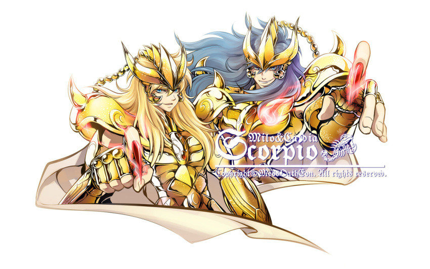 armor artist_request blonde_hair blue_hair saint_seiya scorpio_kardia scorpio_milo tagme_(artist)