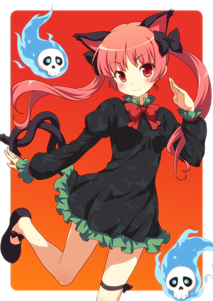 :3 alternate_hairstyle animal_ears black_shoes blush bow braid butterfly cat_ears cat_tail dragonfly dress extra_ears ghost hair_bow highres intertwined_tails jpeg_artifacts kaenbyou_rin long_hair multiple_tails no_socks red_eyes red_hair redhead skull smile solo tail touhou twin_braids twintails yamasan