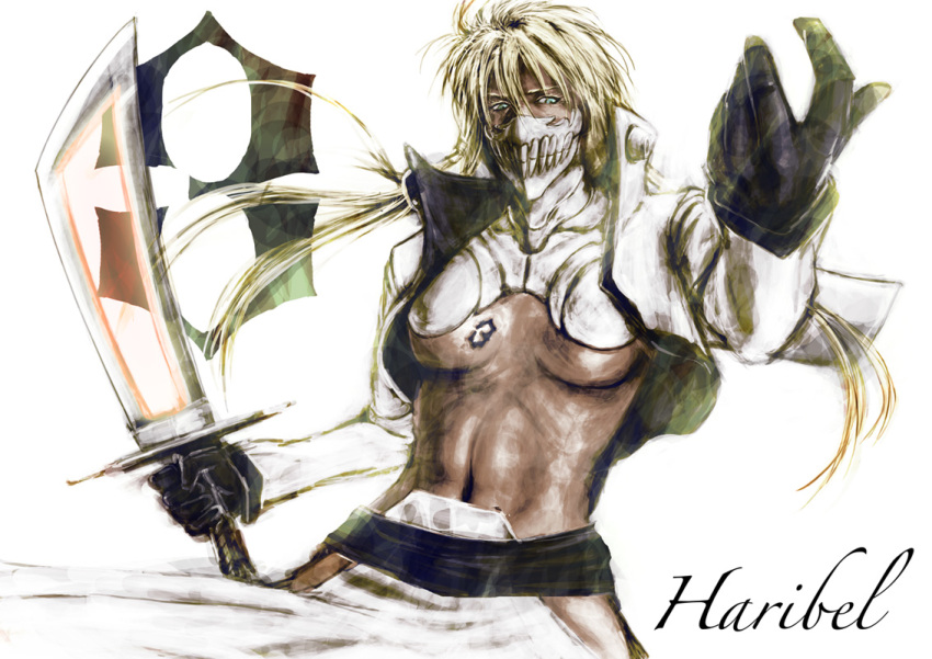 1girl arrancar baryan bleach blonde_hair blue_eyes breast_tattoo breasts cropped_jacket dark_skin espada female gloves holding holding_sword holding_weapon jacket long_hair mask midriff open_clothes open_jacket sash solo sword tattoo tier_harribel underboob weapon