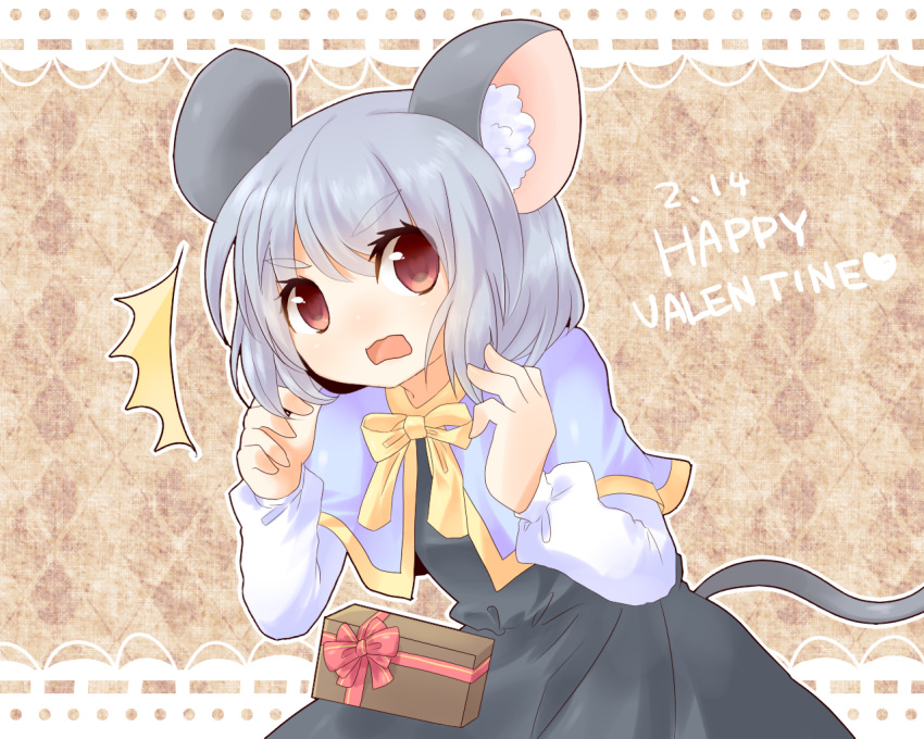 1girl animal_ears blue_hair capelet dress gift koza mouse_ears mouse_tail nazrin open_mouth red_eyes solo tail touhou