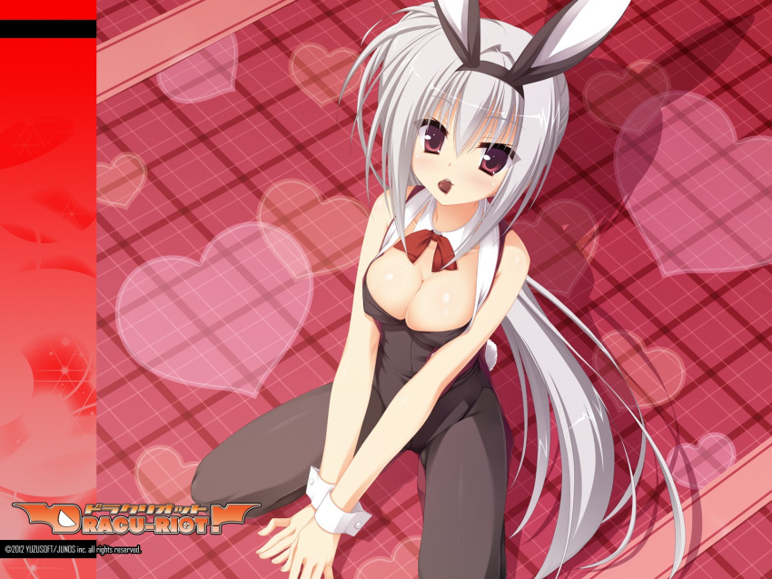 animal_ears bare_shoulders between_legs breasts bunny_ears bunny_girl bunnysuit chocolate chocolate_heart cleavage dracu-riot! elena_olegovna_owen fake_animal_ears fishnet_pantyhose fishnets hairband heart highres kobuichi looking_at_viewer mouth_hold pantyhose red_eyes side_ponytail silver_hair solo squatting wallpaper wrist_cuffs