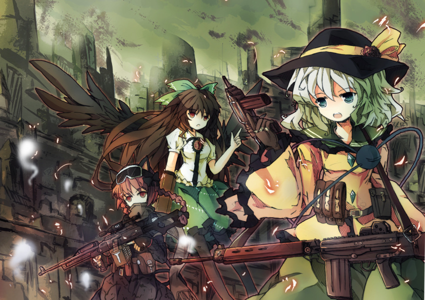 3girls arm_cannon battle_rifle black_hair black_wings bondson bow building city contemporary fn_fal gloves goggles goggles_on_head green_eyes green_hair gun hair_bow hat kaenbyou_rin komeiji_koishi load_bearing_vest long_hair machine_gun multiple_girls operator ots-02_kiparis pkp_pecheneg red_eyes red_hair redhead reiuji_utsuho rifle short_hair smoke sniper_rifle third_eye touhou very_long_hair weapon wings