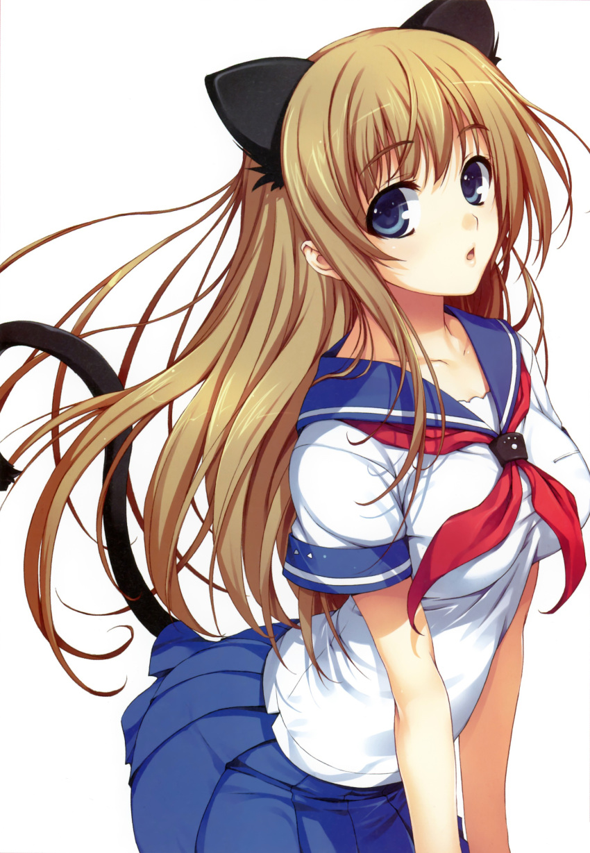 absurdres animal_ears blue_eyes breasts brown_hair cat_ears cat_tail extra_ears highres long_hair looking_at_viewer open_mouth original pleated_skirt scan school_uniform serafuku skirt solo tail tomose_shunsaku