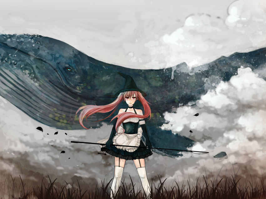cloud fishing_rod hat highres holding kodatino long_hair original pink_eyes pink_hair ribbon_choker single_thighhigh solo thigh-highs thighhighs twintails whale wind witch witch_hat
