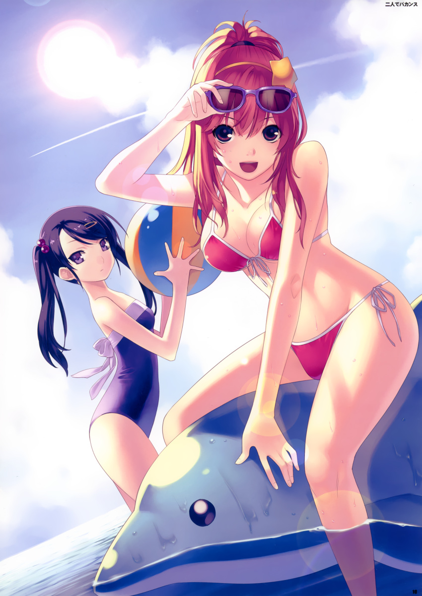:d absurdres arched_back ball bare_shoulders beachball bikini blue_sky breasts cleavage cloud front-tie_top hair_ornament hairband hairclip highres hirano_katsuyuki inflatable_dolphin lens_flare long_hair looking_at_viewer multiple_girls one-piece_swimsuit open_mouth original ponytail purple_eyes purple_hair red_bikini red_hair redhead side-tie_bikini sky smile star straddle sun sunglasses sunglasses_on_head swimsuit twintails valis_kokkyou_keibitai violet_eyes wading wet