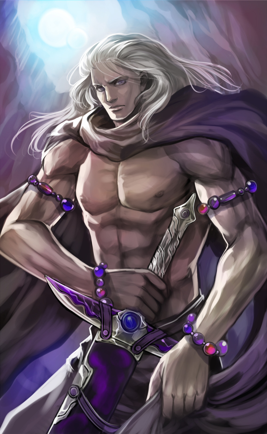 abs absurdres bracelet cape final_fantasy final_fantasy_iv final_fantasy_iv_the_after full_moon golbeza highres jewelry lips long_hair male moon moreshan nipples purple_eyes solo sword topless violet_eyes weapon white_hair