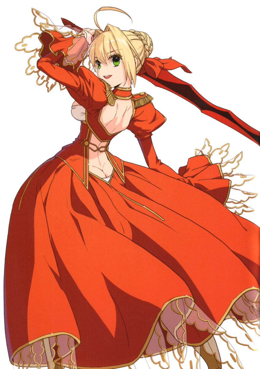 aestus_estus ahoge arm_up artist_request ass ass_cutout blonde_hair braid breasts dress epaulettes fate/extra fate_(series) greaves green_eyes hair_intakes hair_ribbon highres holding lace panties puffy_sleeves red_dress red_ribbon ribbon saber_extra short_hair simple_background solo sword underwear wada_aruko weapon white_background white_panties