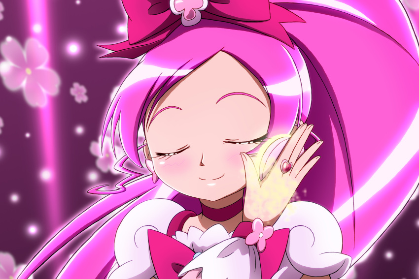 absurdres choker closed_eyes cure_blossom eyes_closed floral_background flower hanasaki_tsubomi heartcatch_precure! highres jewelry kiyu_(doremi's_party) kiyu_(doremi's_party) long_hair magical_girl parody pink pink_background pink_hair ponytail precure ring smile smile_precure! solo wrist_cuffs