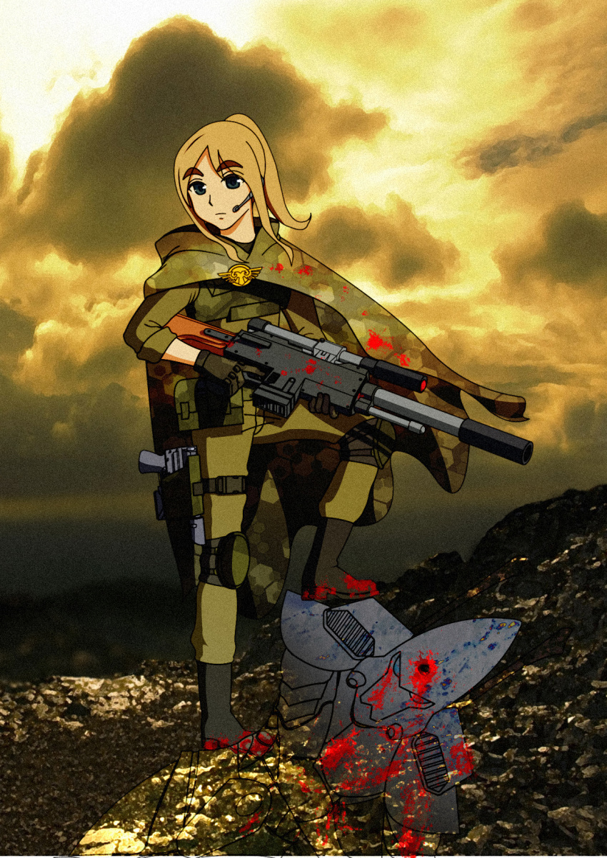 blood blue_eyes brown_hair bullet_hole cloak cloud eldar eyebrows gun headset headshot highres holster imperial_guard k-on! knee_pads kotobuki_tsumugi laspistol mugino_shizuri muki_(unknownid) ponytail rifle scope sniper_rifle tanith_first_and_only thick_eyebrows thigh_holster trigger_discipline warhammer_40k weapon