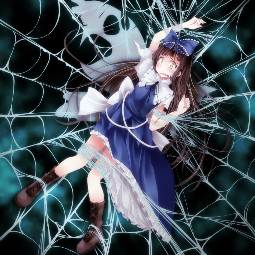 bdsm bondage boots bow brown_hair cross-laced_footwear hair_bow highres lace-up_boots long_hair s-syogo solo spider_web star_sapphire tears tied_up torn_wings touhou web wings yellow_eyes