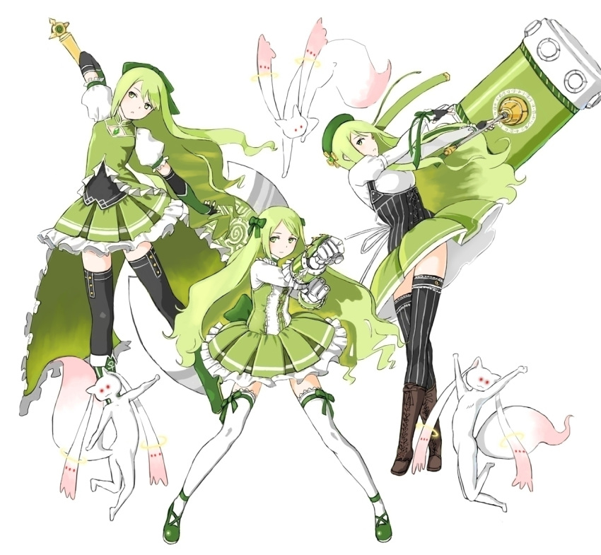 adapted_costume axe coh corset gloves green_hair hammer highres kyubey long_hair mahou_shoujo_madoka_magica posing shizuki_hitomi skirt tomoe_mami_(cosplay) weapon