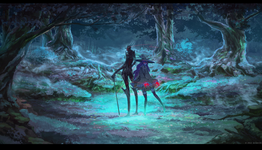 arsenixc back-to-back blush_stickers demon forest glowing glowing_eyes hat highres letterboxed light_trail nature original purple_hair red_eyes scenery staff thighhighs tree witch witch_hat