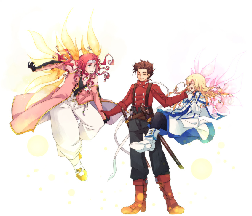 2boys belt blonde_hair boots brown_hair closed_eyes coat colette_brunel eyes_closed gloves headband kamabo_ko lloyd_irving long_hair multiple_boys pants red_hair redhead scabbard sheath shoes smile suspenders tales_of_(series) tales_of_symphonia white_background wings zelos_wilder