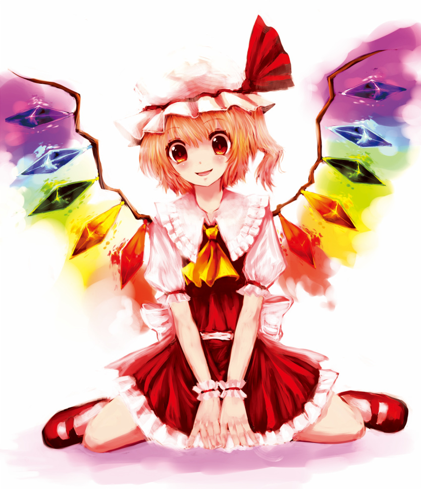 ascot blonde_hair blush flandre_scarlet glowing glowing_wings hal360 hat hat_ribbon head_tilt highres long_hair open_mouth red_eyes red_shoes ribbon shirt shoes side_ponytail sitting skirt skirt_set smile solo the_embodiment_of_scarlet_devil touhou v_arms wariza wings wrist_cuffs wrist_ribbon