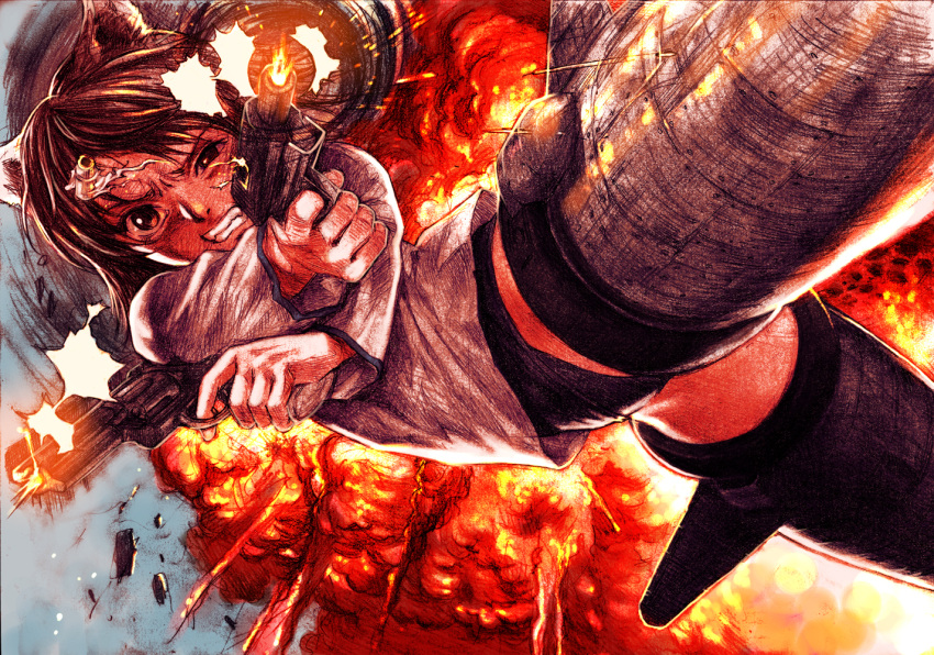 animal_ears brown_hair buruma dual_wielding explosion firing gun handgun miyafuji_yoshika pistol pizza_man revolver school_swimsuit shell_casing short_hair solo strike_witches striker_unit swimsuit swimsuit_under_clothes weapon x_arms