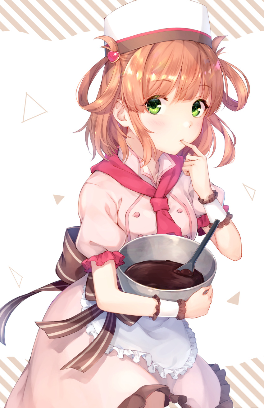 1girl absurdres apron bangs brown_hair chocolate coffee_tart dress eyebrows_visible_through_hair finger_to_mouth frilled_apron frilled_sleeves frills green_eyes hair_ornament hat heart heart_hair_ornament highres holding long_hair looking_at_viewer pink_dress princess_connect! rino_(princess_connect!) shiny shiny_hair short_sleeves solo tied_hair waist_apron white_apron white_headwear