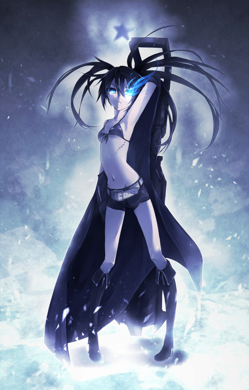 absurdres armpits arms_up belt bikini_top black_hair black_rock_shooter black_rock_shooter_(character) blue_eyes boots breasts cannon coat front-tie_top glowing glowing_eyes highres long_hair looking_at_viewer midriff navel pigeon-toed scar short_shorts shorts slender solo star takka9294 takka_(aegis9294) tears twintails underboob weapon