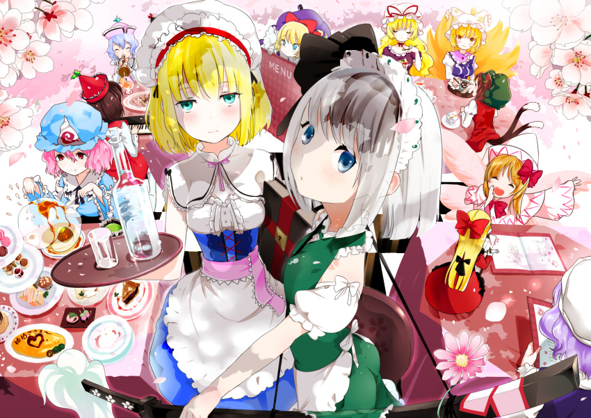 adapted_costume alice_margatroid alternate_costume animal_ears blonde_hair blue_eyes blush brown_hair cat_ears cat_tail chen cherry_blossoms corset eating everyone food fox_tail ghost green_eyes hat heart highres hitodama hourai_doll instrument katana keyboard_(instrument) konpaku_youmu konpaku_youmu_(ghost) letty_whiterock lily_white long_hair lunasa_prismriver lyrica_prismriver maid maid_headdress merlin_prismriver multiple_girls omelet perfect_cherry_blossom petals pink_hair red_eyes saigyouji_yuyuko scabbard shanghai_doll sheath sheathed short_hair silver_hair sword table tail touhou tray trumpet very_long_hair waitress weapon wings yakumo_ran yakumo_yukari yamada_ranga