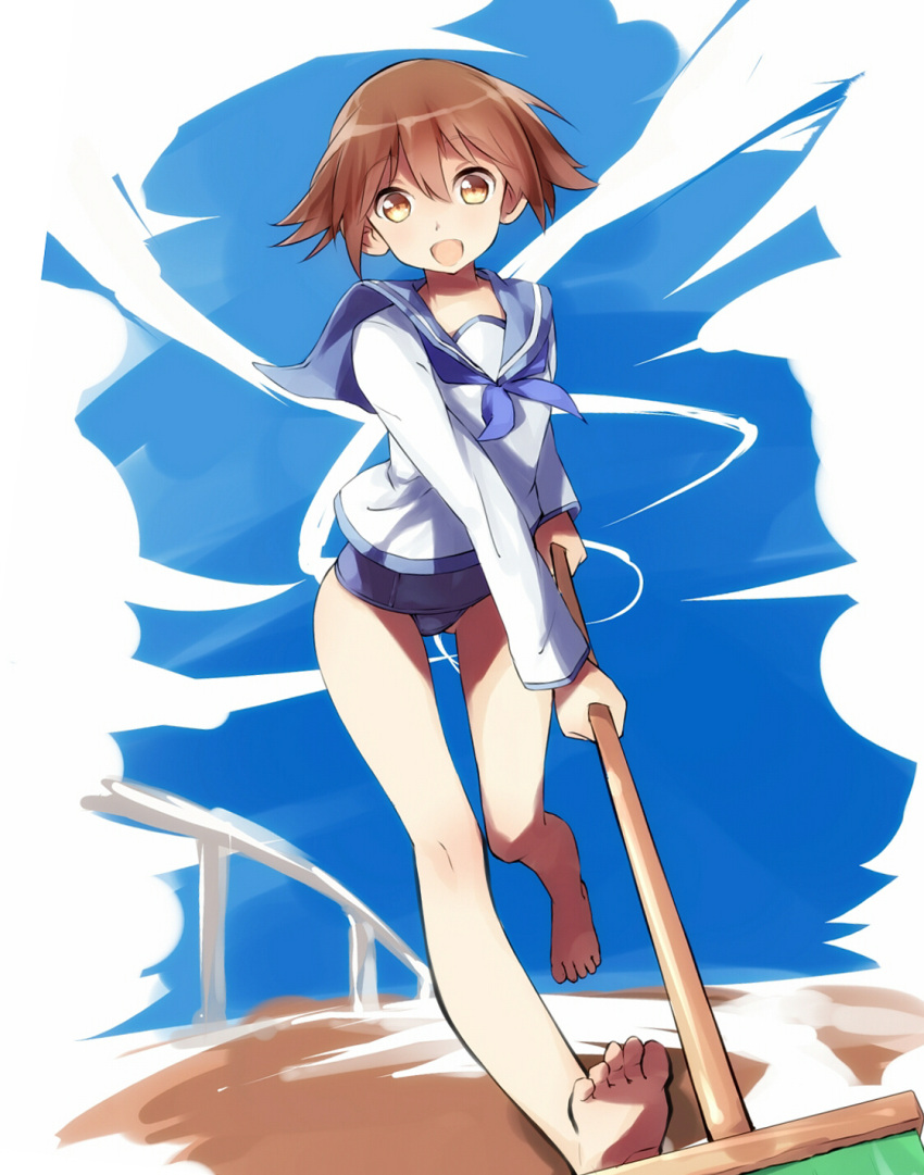 barefoot broom brown_eyes brown_hair feet highres looking_at_viewer merumayu miyafuji_yoshika neckerchief open_mouth school_swimsuit school_uniform short_hair solo strike_witches swimsuit swimsuit_under_clothes toes