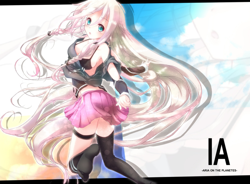aqua_eyes asahi_(ge_nyu) bad_id bare_shoulders braid breasts character_name ia_(vocaloid) letterboxed long_hair looking_at_viewer looking_back mismatched_legwear off_shoulder open_mouth pink_hair single_thighhigh skirt solo thigh-highs thigh_strap thighhighs twin_braids very_long_hair vocaloid