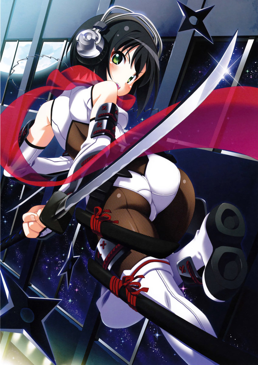 absurdres ass back bare_shoulders black_hair boots dutch_angle elbow_gloves fingerless_gloves fishnet_pantyhose fishnets gloves green_eyes headphones highres katana kuuchuu_yousai looking_back ninja open_mouth original pantyhose red_scarf scarf short_hair shuriken solo space sparkle sword thigh-highs thigh_boots thighhighs weapon white_gloves white_legwear