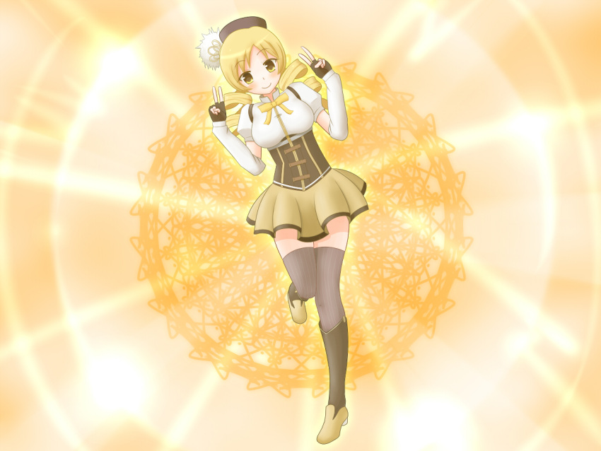 blonde_hair blush boots bow breasts color_connection double_v drill_hair elbow_gloves fingerless_gloves gloves hat leg_lift mahou_shoujo_madoka_magica parody pose precure puffy_sleeves shamojiofvatican skirt smile smile_precure! solo thigh-highs thighhighs tomoe_mami twin_drills v vertical_stripes yellow_background yellow_eyes