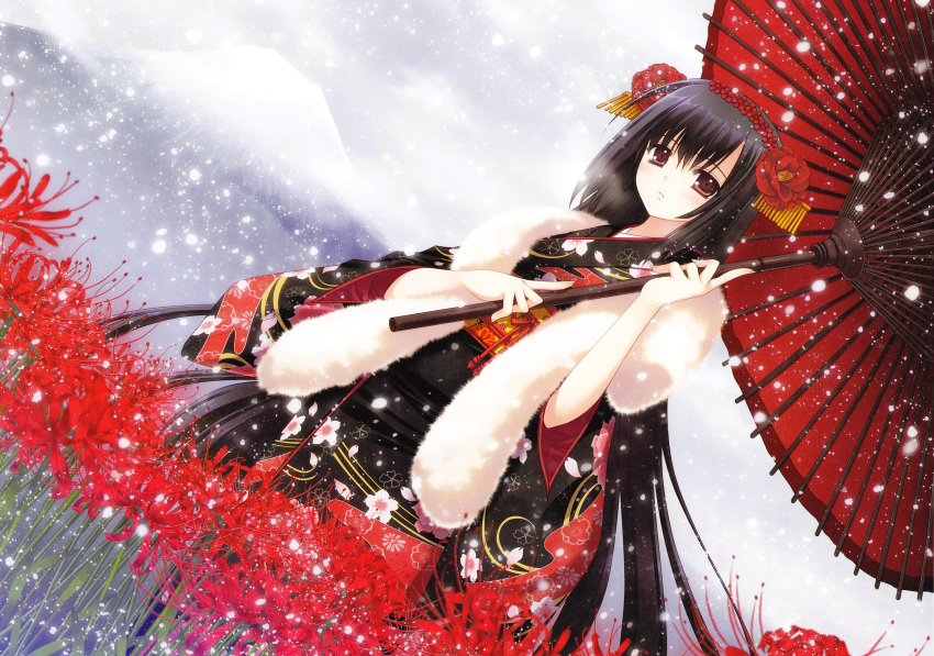 black_hair blush breath brown_eyes copyright_request dutch_angle floral_print flower flowers fur_trim hair_flower hair_ornament hibiscus highres holding japanese_clothes kimono long_hair mountain nishimata_aoi obi oriental_umbrella parted_lips scarf sitting snow snowing solo spider_lily umbrella very_long_hair volcano