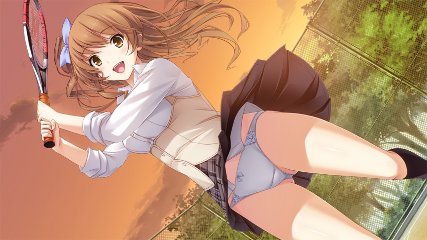 artist_request bow brown_hair character_request game_cg hair_bow haruhino_misaki hotchkiss indoors long_hair mikoto_akemi open_mouth panties pantyshot racket rolled_sleeves skirt skirt_flip skirt_lift sleeves_rolled_up smile solo sunset tennis_racket underwear upskirt white_panties yellow_eyes