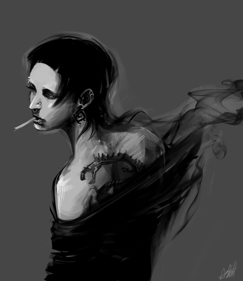 ami_thompson cigarette gothic highres lips lisbeth_salander md5_mismatch monochrome piercing realistic smoke tattoo the_girl_with_the_dragon_tattoo