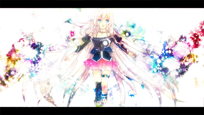 bare_shoulders braid choker ia_(vocaloid) letterboxed long_hair looking_at_viewer off_shoulder open_mouth pink_hair sazanami_shione singing single_thighhigh skirt solo thigh-highs thigh_strap thighhighs twin_braids very_long_hair vocaloid