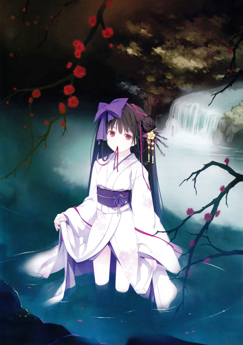absurdres artist_request black_hair bow floral_print flower hair_bow hair_bun hair_ornament highres japanese_clothes kimono long_hair looking_at_viewer mouth_hold obi original petals purple_eyes ribbon_in_mouth ruroo skirt_hold solo source_request very_long_hair violet_eyes wading