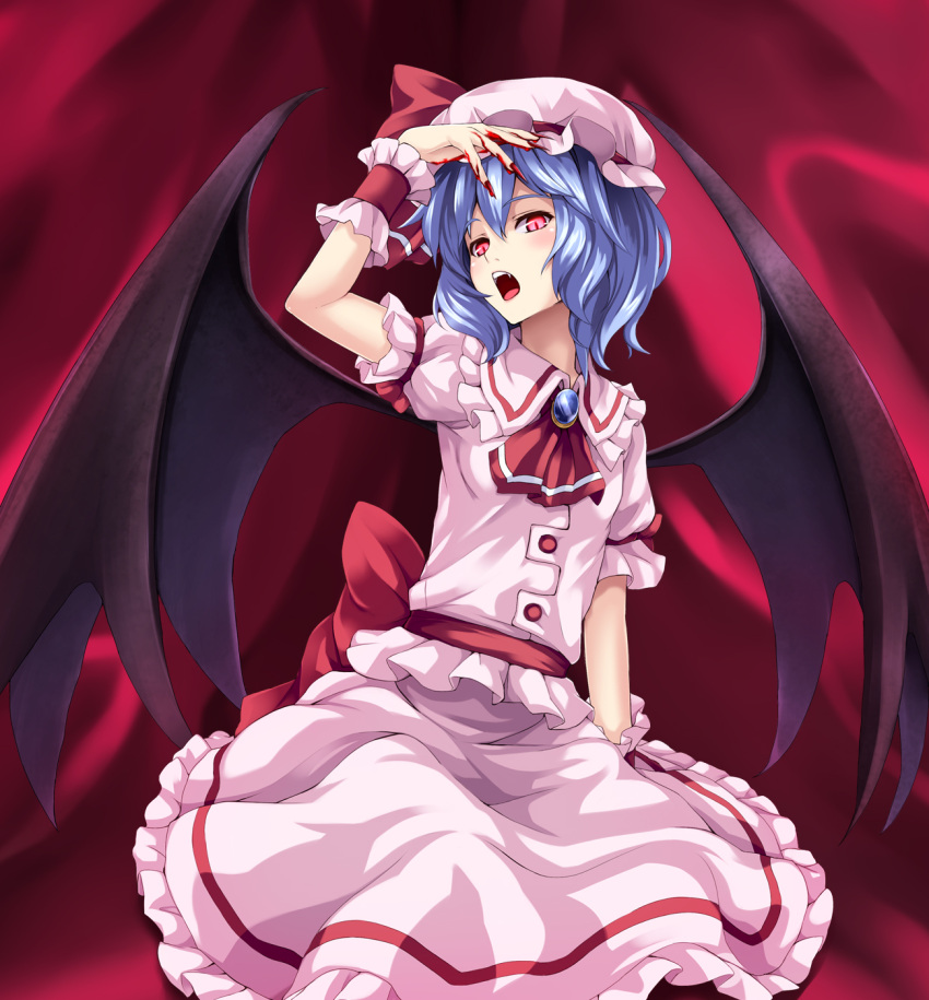 asu_hare bat_wings blood hand_over_face hat highres nail_polish open_mouth purple_hair red_eyes remilia_scarlet short_hair skirt skirt_set slit_pupils solo touhou wings wrist_cuffs