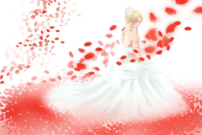 balalaika black_lagoon blonde_hair blue_eyes breasts bridal_veil dress flower gloves hair_flower hair_ornament huge_breasts long_hair paya petals rose scar see-through solo veil wedding_dress