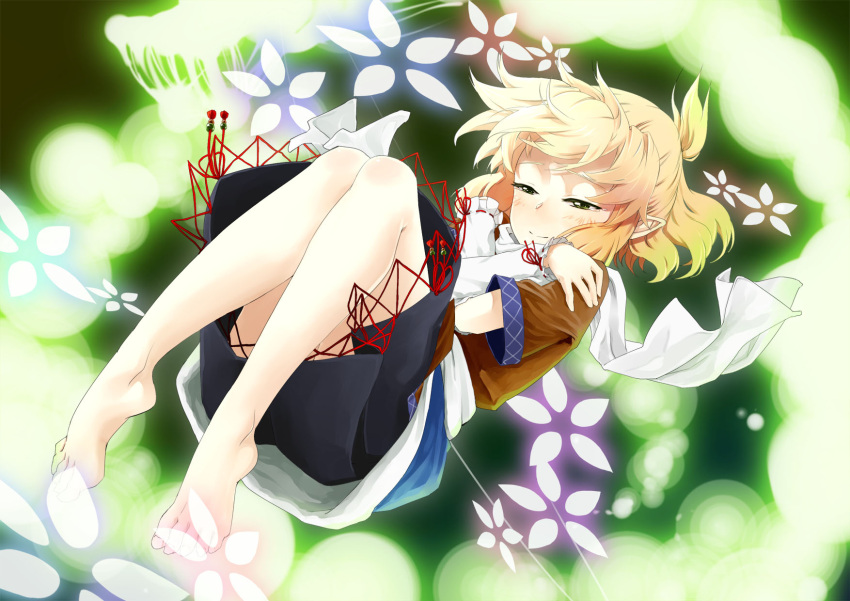 arm_warmers bare_legs barefoot blonde_hair crossed_arms danmaku feet fetal_position green_eyes highres mizuhashi_parsee pointy_ears scarf short_hair smile solo spell_card touhou yomio