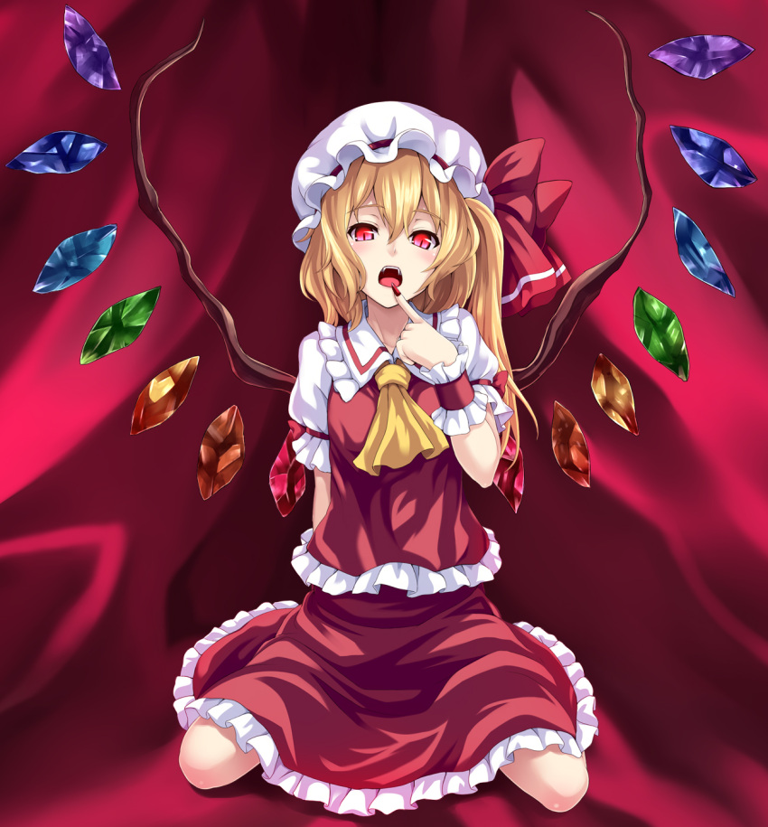 ascot asu_hare blonde_hair finger_to_mouth flandre_scarlet hat highres long_hair nail_polish open_mouth red_eyes side_ponytail skirt skirt_set slit_pupils solo the_embodiment_of_scarlet_devil touhou wings wrist_cuffs