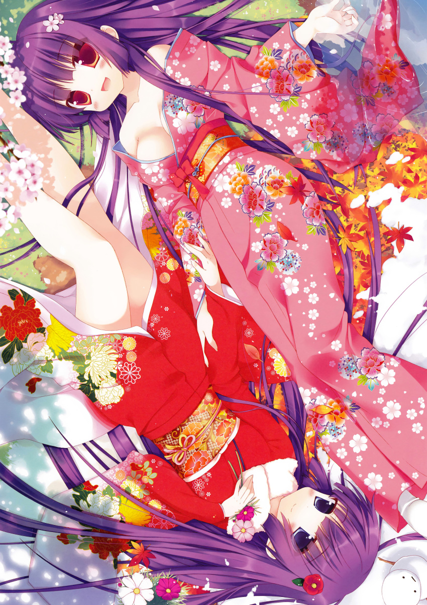 :d absurdres bare_legs blush breasts cleavage floral_print furisode hair_ornament highres japanese_clothes kimono long_hair lying multiple_girls obi off_shoulder on_back open_clothes open_mouth original purple_eyes purple_hair red_eyes rotational_symmetry sazaki_ichiri smile upside-down violet_eyes