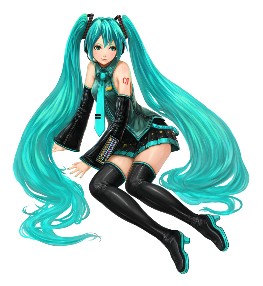 1girl aqua_nails aqua_necktie aqua_neckwear arm_support bare_shoulders black_footwear black_thigh_boots boots closed_mouth collared_shirt detached_sleeves fayse female full_body green_eyes green_hair hatsune_miku headset high_heel_boots high_heels highres long_hair miniskirt nail_polish necktie number_tattoo pleated_skirt simple_background skirt sleeveless sleeveless_shirt solo tattoo thigh-highs thigh_boots twintails very_long_hair vocaloid white_background zettai_ryouiki