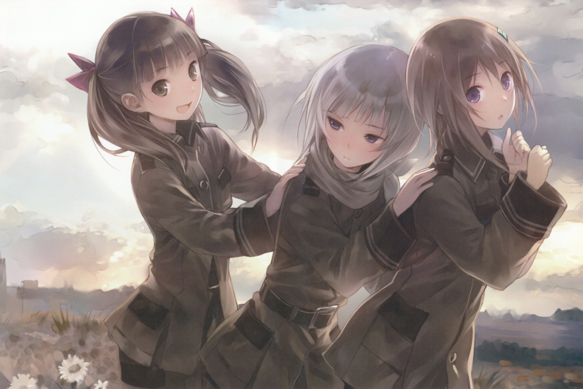 :o absurdres blue_eyes bow brown_eyes brown_hair flower hair_bow hair_ornament hair_ribbon hairclip hand_on_shoulder highres kannagi_noel kishida_mel looking_at_viewer military military_uniform multiple_girls muted_color official_art open_mouth ribbon scarf screening short_hair silver_hair sky smile sora_no_woto sorami_kanata suminoya_kureha twintails uniform white_hair