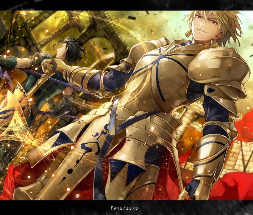 armor bad_id black_hair blonde_hair ea_(fate/stay_night) earrings fate/zero fate_(series) gilgamesh hand_on_hilt highres jewelry komecchi kumanokopoosan lancer_(fate/zero) letterboxed male multiple_boys polearm red_eyes spear title_drop weapon yellow_eyes