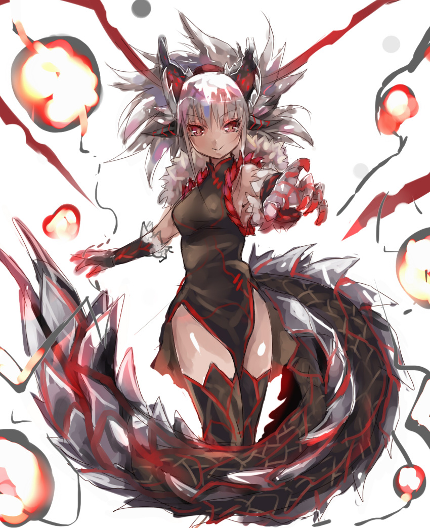 claws dragon_girl highres horns jinouga jinouga_subspecies monster_girl monster_hunter monster_hunter_3_g outstretched_arm personification red_eyes scales silver_hair solo tail thighhighs umitsuki white_hair