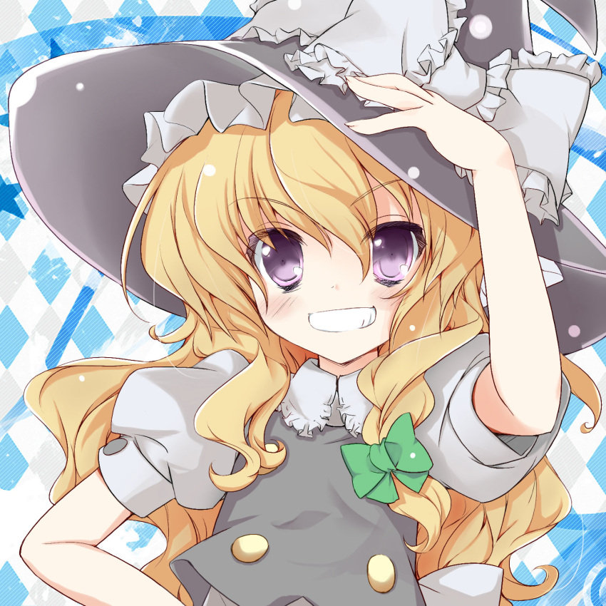 blonde_hair bow braid bust colored gotou_nao grin hair_bow hat highres kirisame_marisa long_hair lucie purple_eyes smile solo soratanhaahaa touhou violet_eyes witch witch_hat